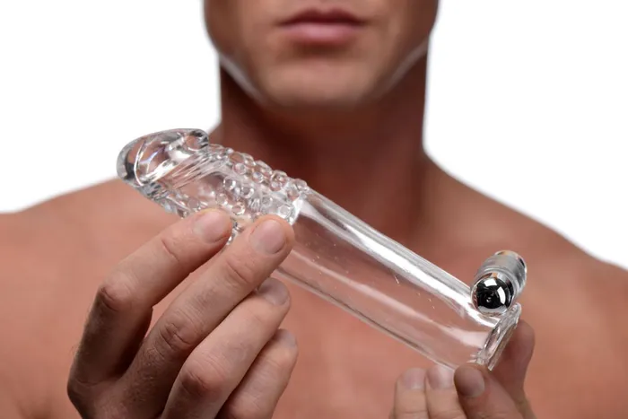 Clear Sensations Penis Extender Vibro Sleeve With Bullet XR Brands Size Matters Male Sex Toys