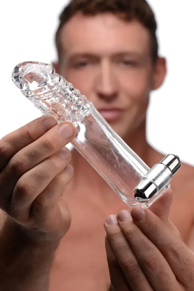 Clear Sensations Penis Extender Vibro Sleeve With Bullet XR Brands Size Matters Male Sex Toys