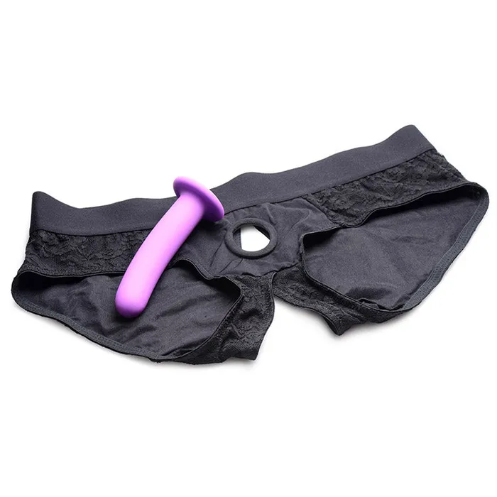 Strap U Lace Envy Black Pegging Set with Lace Crotchless Panty Harness and Dildo LXL Female Sex Toys