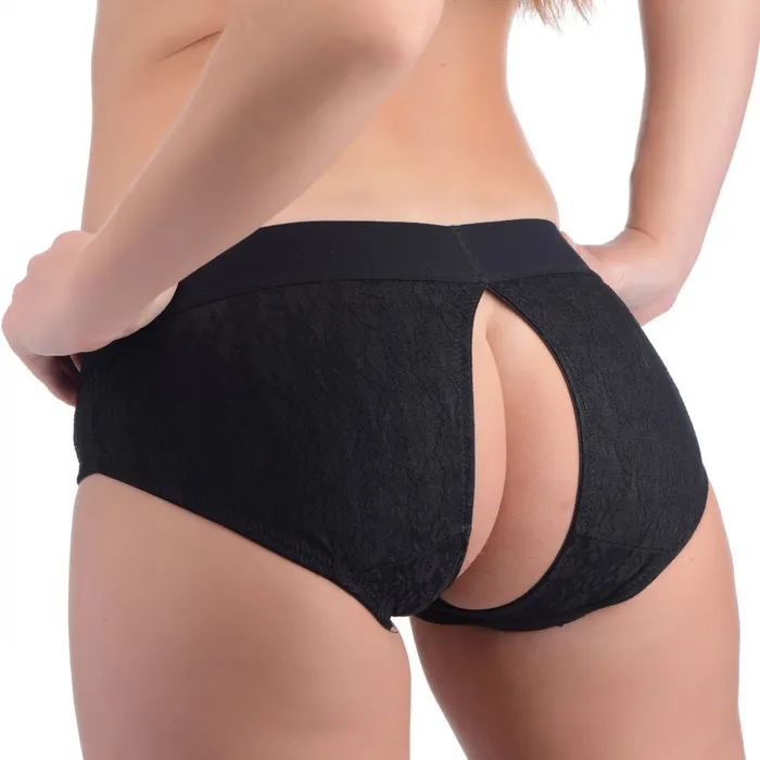 Strap U Lace Envy Black Pegging Set with Lace Crotchless Panty Harness and Dildo LXL Female Sex Toys